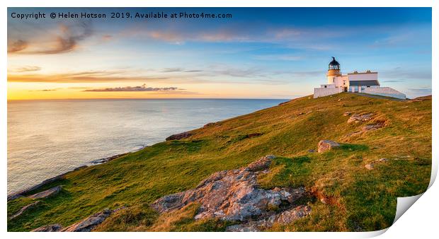 Sunset at Stoer head lighthouse in Scotland Print by Helen Hotson