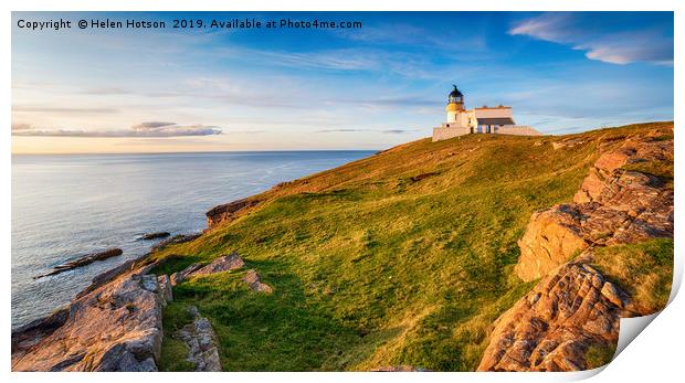 Evening sunshine on the lighthouse at Stoer Head Print by Helen Hotson