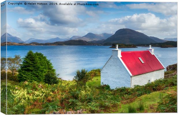 A pretty croft with a red roof looking out over Lo Canvas Print by Helen Hotson
