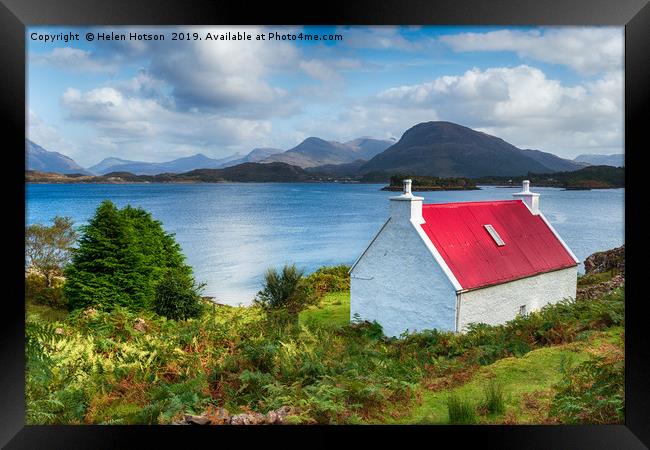 A pretty croft with a red roof looking out over Lo Framed Print by Helen Hotson