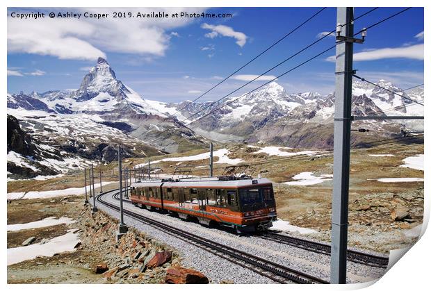 The Gornergrat railway above Zermatt Switzerland Print by Ashley Cooper