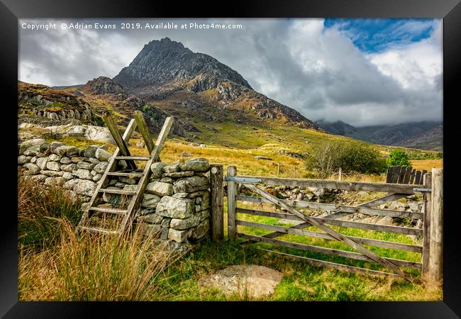 Gate to Tryfan Mountain East Snowdonia Framed Print by Adrian Evans