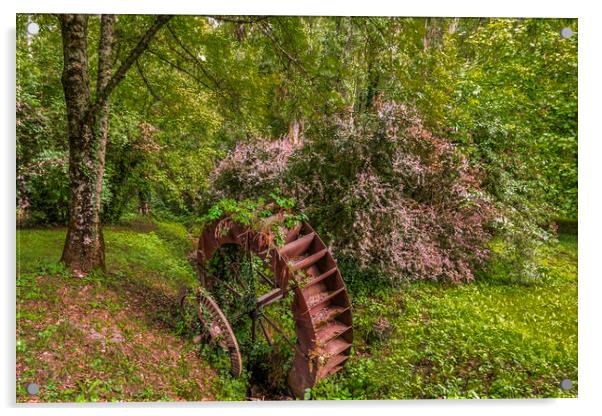 old rustic mill wheel in ax-les-thermes forest Acrylic by Mario Koufios