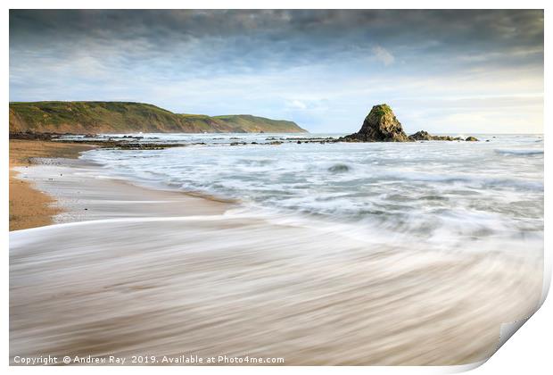 Receding wave at Widemouth Bay Print by Andrew Ray