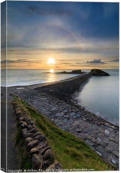 Sunbow over Bude Breakwater. Canvas Print by Andrew Ray