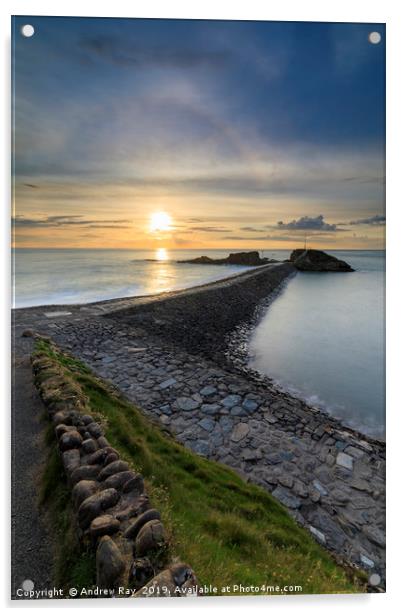 Sunbow over Bude Breakwater. Acrylic by Andrew Ray