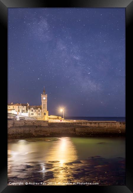 Milky Way over Porthleven Clock Framed Print by Andrew Ray