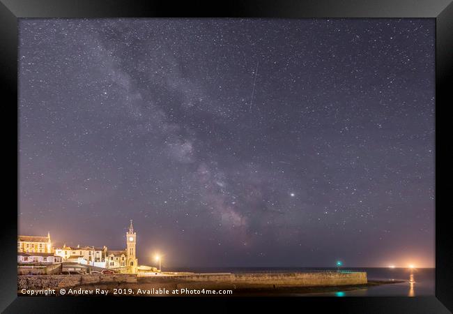 Milky way over Porthleven Pier Framed Print by Andrew Ray