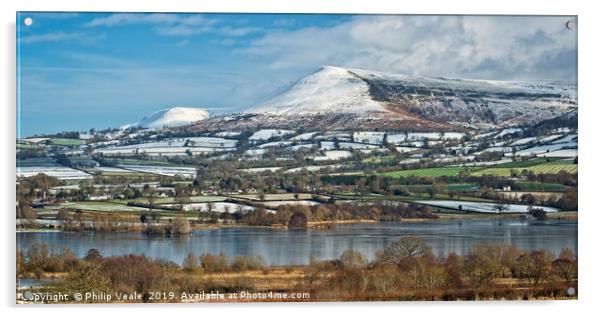 Llangorse Lake and Mynydd Troed in Winter. Acrylic by Philip Veale