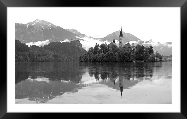Reflection of Lake Bled Island, Slovenia Framed Mounted Print by Kate Barley