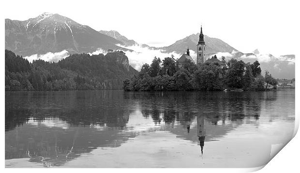Reflection of Lake Bled Island, Slovenia Print by Kate Barley