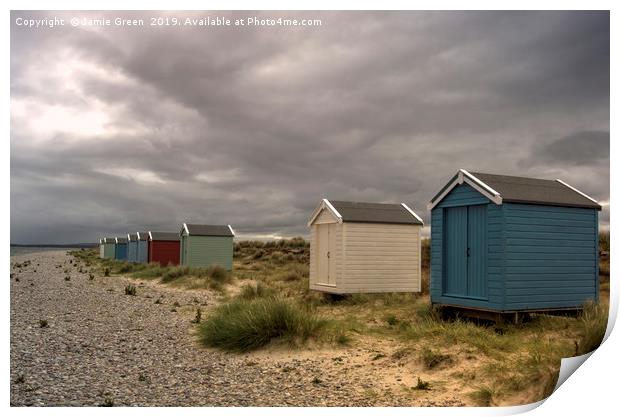 Findhorn Beach Huts Print by Jamie Green