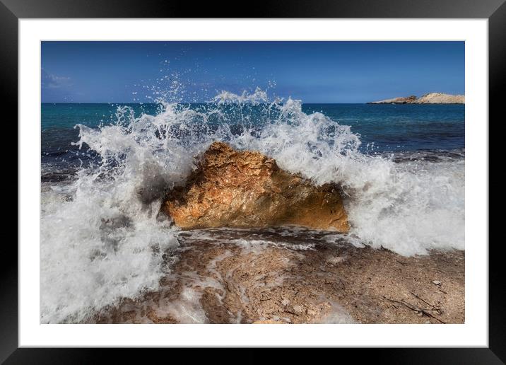 Crashing wave on a Greek beach Framed Mounted Print by Leighton Collins
