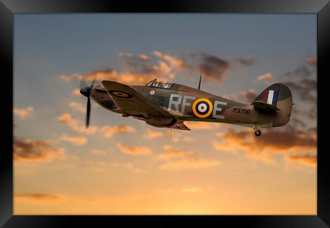 RAF Hurricane Sunset Departure, Duxford. Framed Print by Ben Dale