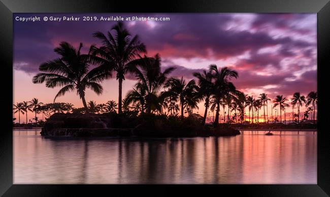 Sun setting on an Hawaiian beach. Framed Print by Gary Parker