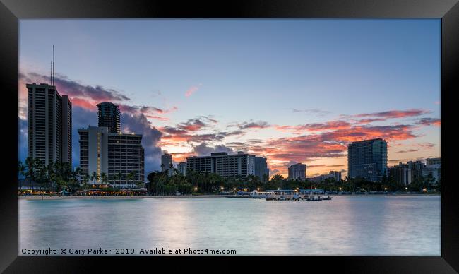 View of Waikiki beach skyline, at dawn in Summer Framed Print by Gary Parker