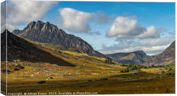 Tryfan and Ogwen Valley Snowdonia  Canvas Print by Adrian Evans