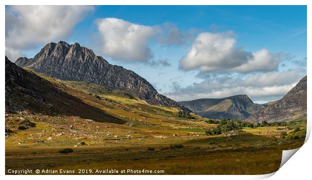 Tryfan and Ogwen Valley Snowdonia  Print by Adrian Evans