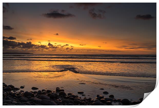 Sunset view as the Tide rolls in at Westward Ho! Print by Tony Twyman