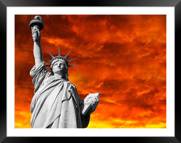 Dramatic sunset with Lady Liberty Framed Mounted Print by Thomas Stroehle