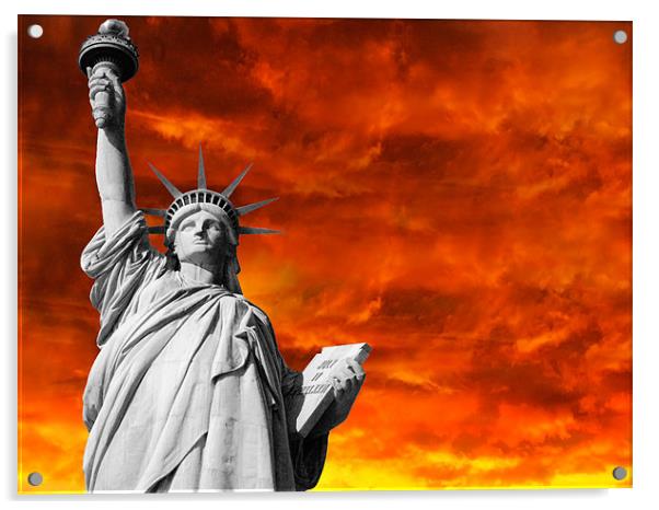 Dramatic sunset with Lady Liberty Acrylic by Thomas Stroehle