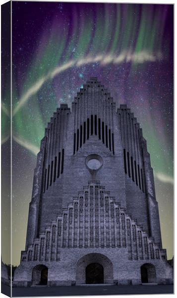 Copenhagen Grundtvigs Church with Northern Lights Canvas Print by Antony McAulay