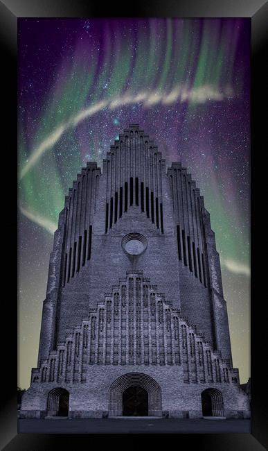 Copenhagen Grundtvigs Church with Northern Lights Framed Print by Antony McAulay