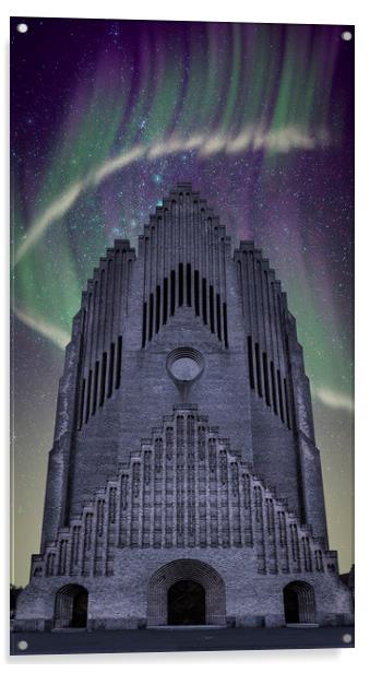 Copenhagen Grundtvigs Church with Northern Lights Acrylic by Antony McAulay
