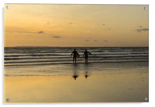 sunset surfers at Westward Ho in North Devon Acrylic by Tony Twyman