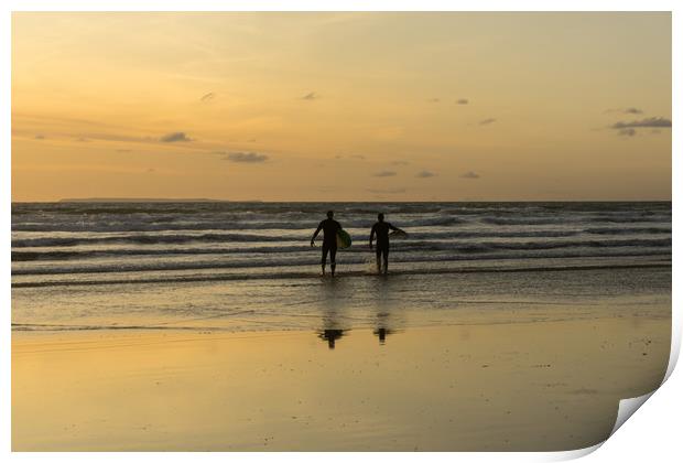 sunset surfers at Westward Ho in North Devon Print by Tony Twyman