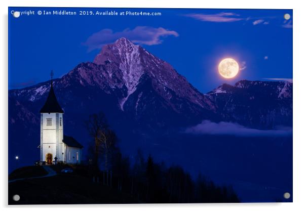 Full moon rising over Jamnik church and Storzic at Acrylic by Ian Middleton