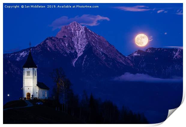 Full moon rising over Jamnik church and Storzic at Print by Ian Middleton