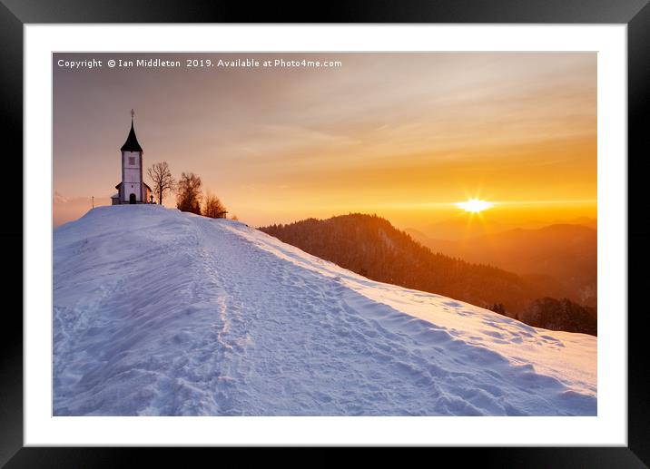 Winter sunrise at Jamnik church of Saints Primus a Framed Mounted Print by Ian Middleton