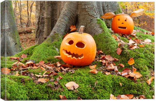 Halloween scary pumpkins in the woods Canvas Print by Simon Bratt LRPS