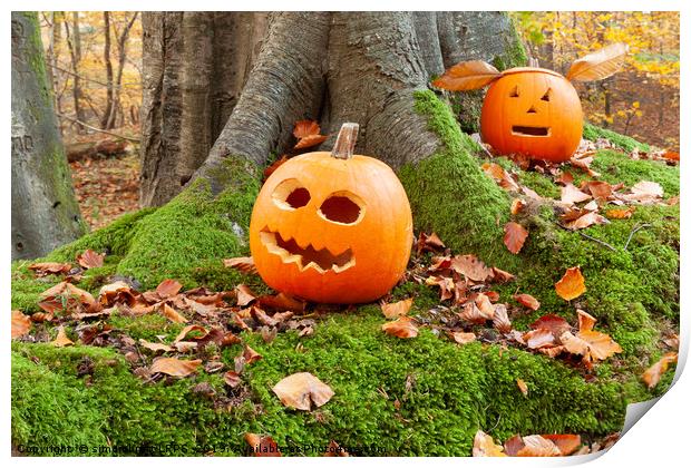 Halloween scary pumpkins in the woods Print by Simon Bratt LRPS