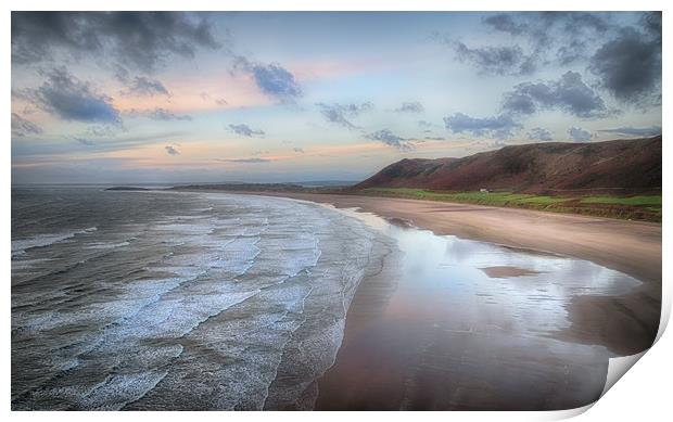 Dusk at Rhossili Bay Print by Leighton Collins