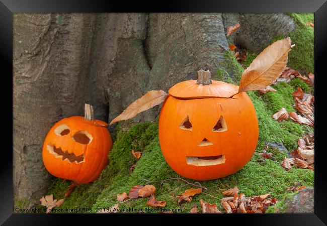 Two scary pumpkins for halloween Framed Print by Simon Bratt LRPS