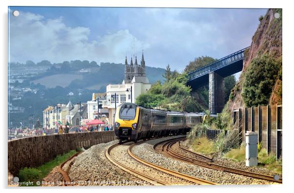 Train approaching Teignmouth after leaving Dawlish Acrylic by Rosie Spooner
