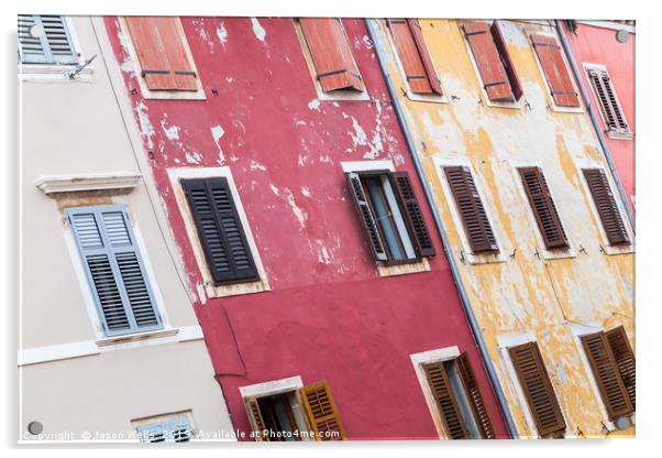 Pastel-coloured houses in Rovinj. Acrylic by Jason Wells