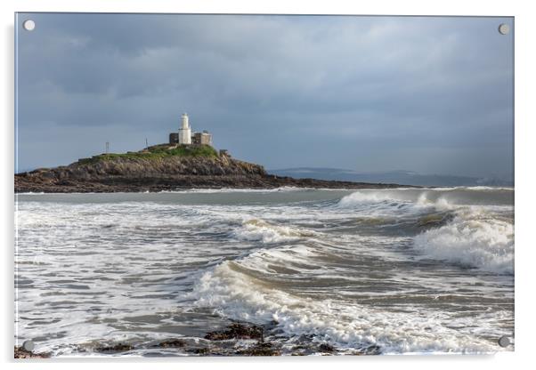 Mumbles lighthouse with wave. Acrylic by Bryn Morgan