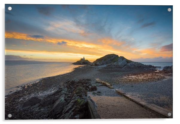 Daybreak at Mumbles lighthouse. Acrylic by Bryn Morgan