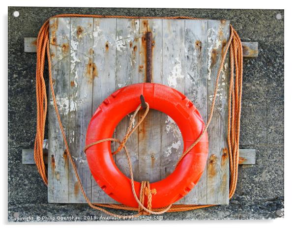 life buoy on a weathered wooden board with faded o Acrylic by Philip Openshaw