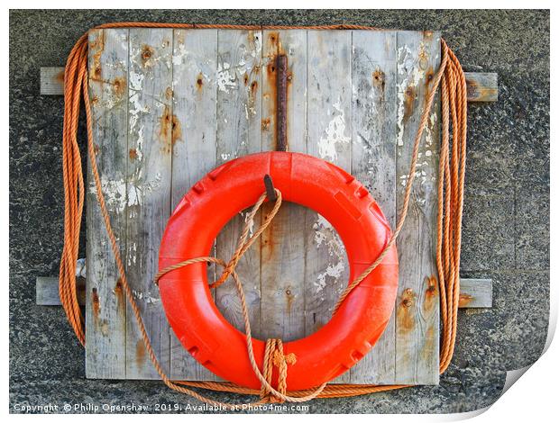 life buoy on a weathered wooden board with faded o Print by Philip Openshaw
