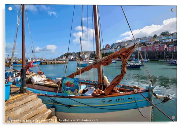 Lugger IRIS moored at Brixham Harbour in Devon Acrylic by Rosie Spooner