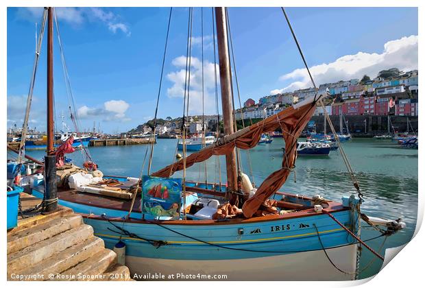 Lugger IRIS moored at Brixham Harbour in Devon Print by Rosie Spooner