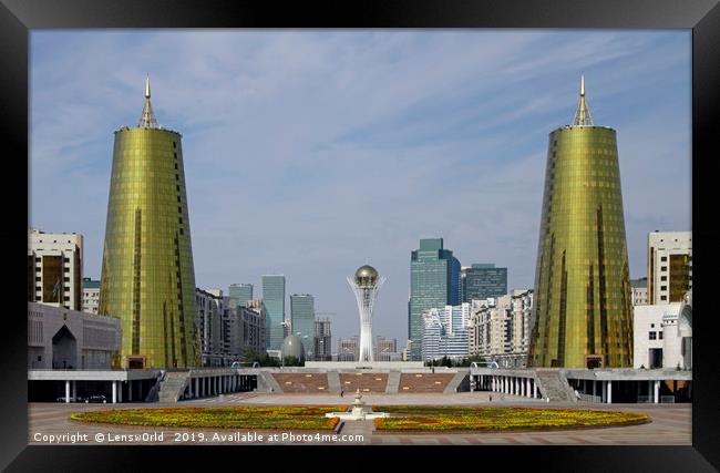 Retro-futuristic skyline of Nur-Sultan Framed Print by Lensw0rld 
