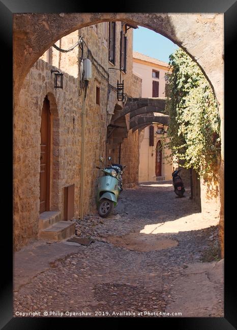 cobbled street in rhodes town Framed Print by Philip Openshaw