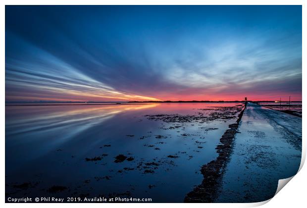 Sunrise at Holy Island causeway Print by Phil Reay