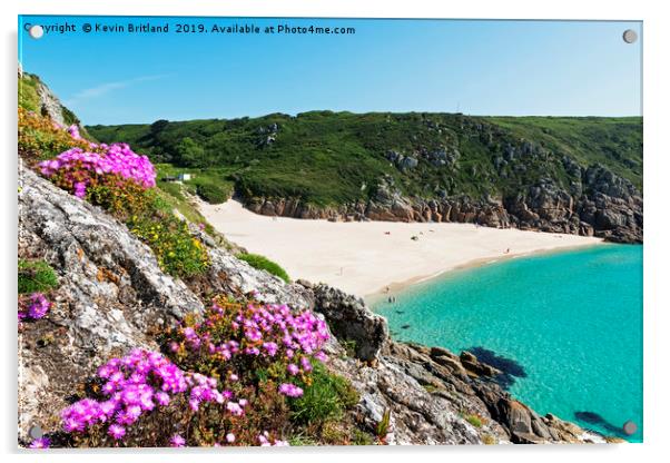 sandy beach at porthcurno in cornwall, england, uk Acrylic by Kevin Britland