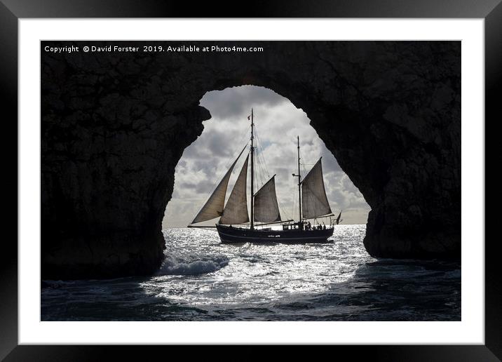 Tallship Framed by the Rock Arch of Durdle Door Framed Mounted Print by David Forster
